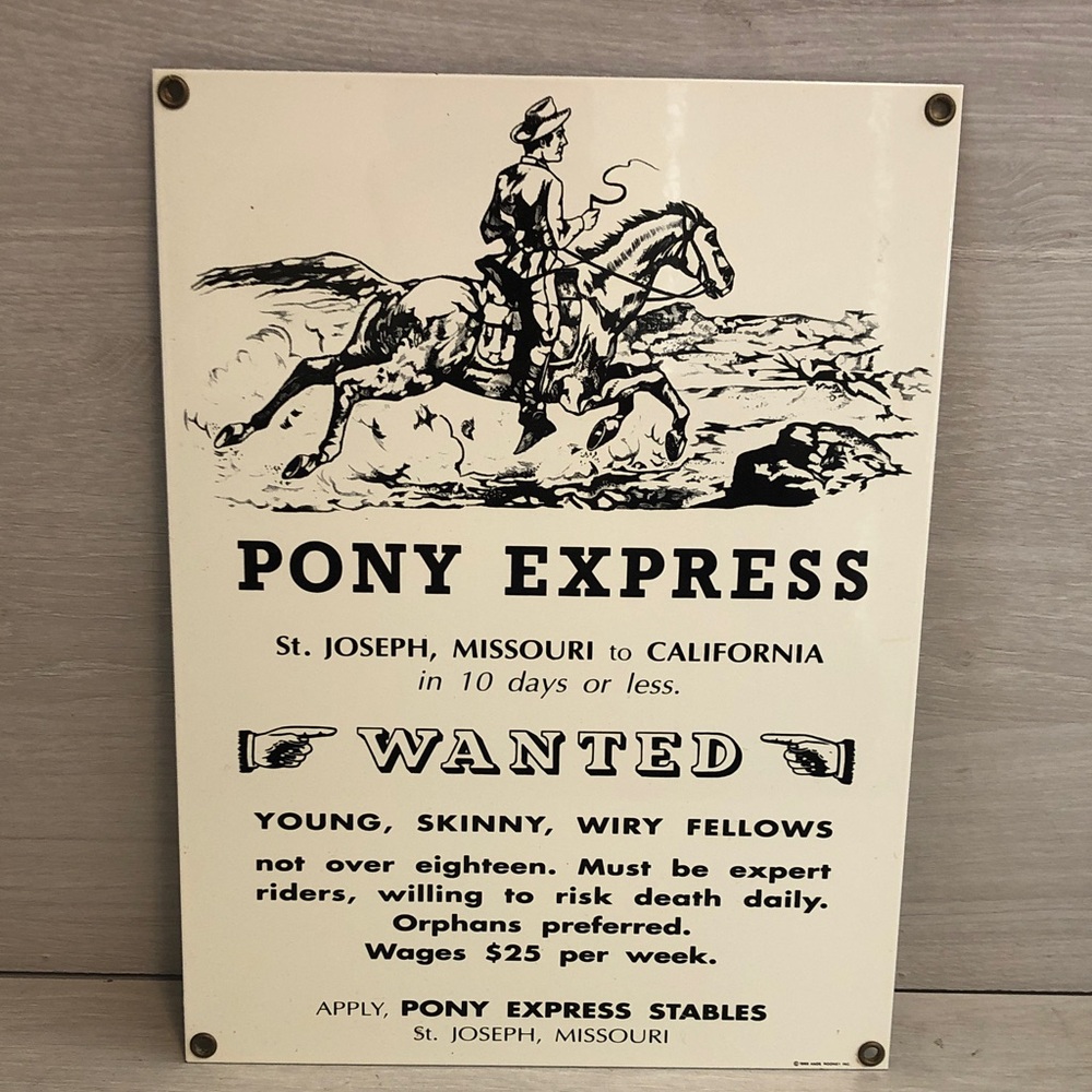 Vintage Ande Rooney 9” x 13” Porcelain & Metal Pony Express Sign 1998 Pls Read